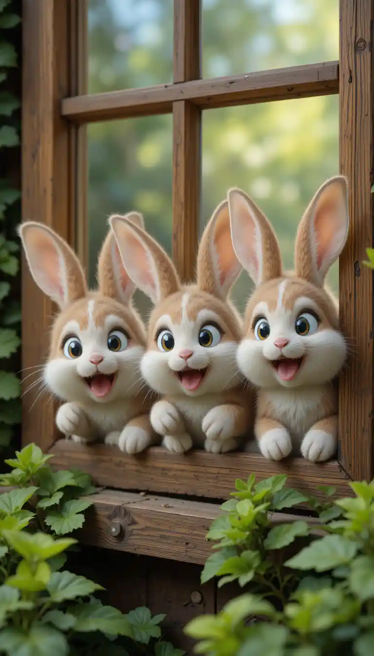 Tres conejos juguetones asomándose por una ventana de madera en el jardín