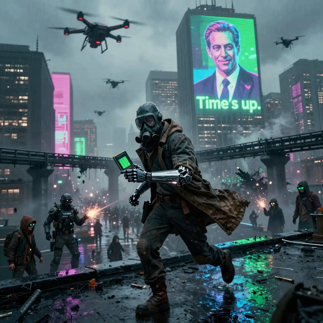 Augmented courier running across a rain slicked rooftop