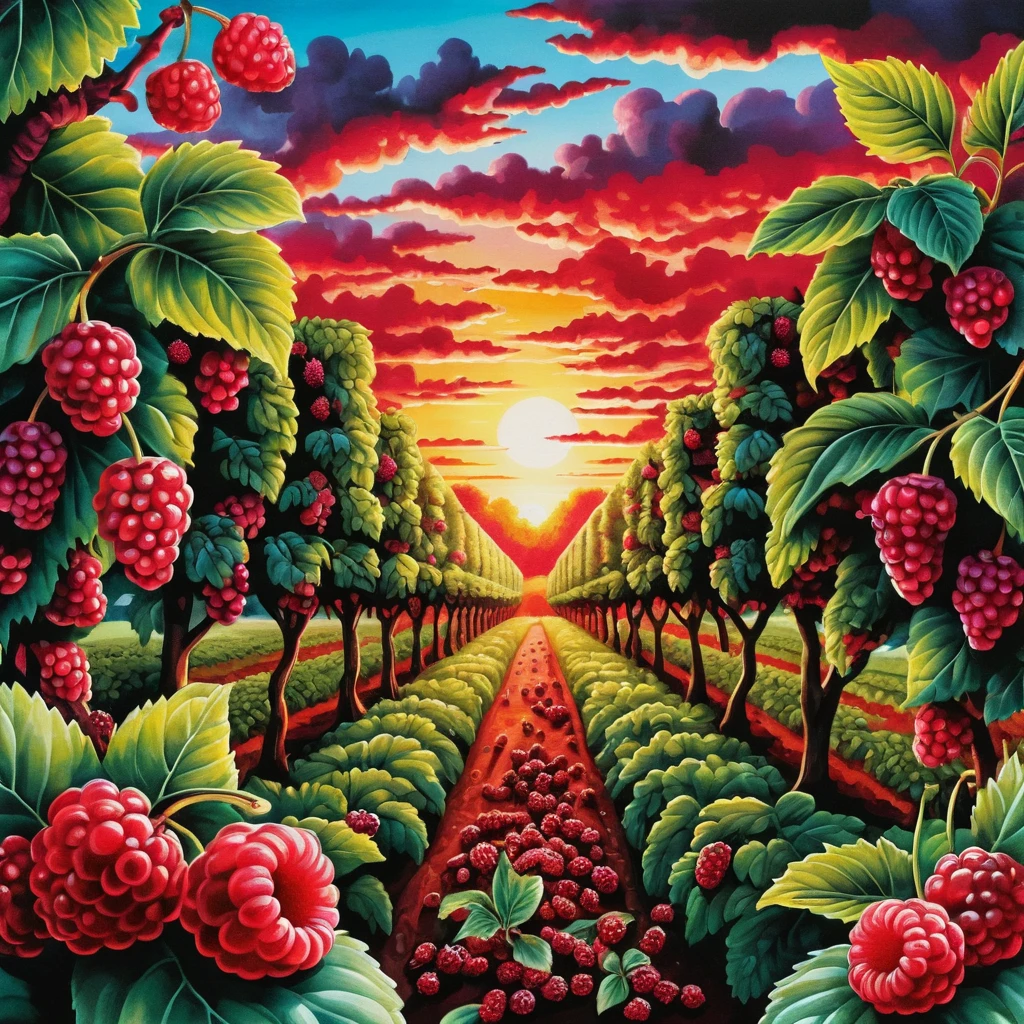 Surreal sunrise plantation with red and black mulberry trees