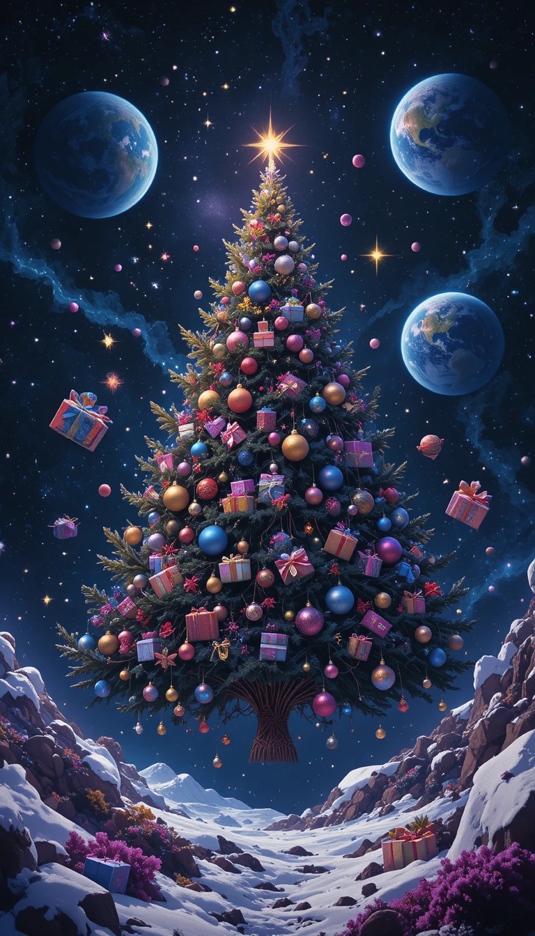 漂浮在深邃星空中的超現實聖誕樹