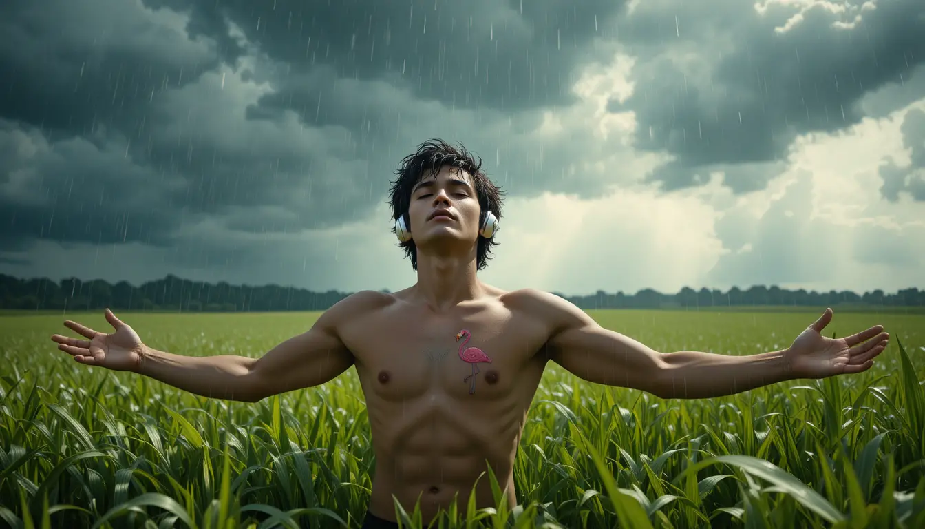 Shirtless man in headphones enjoying rain in green field