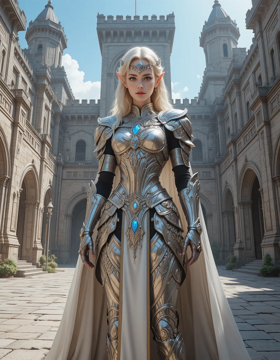 Elven warrior woman in ornate armor in fortress courtyard