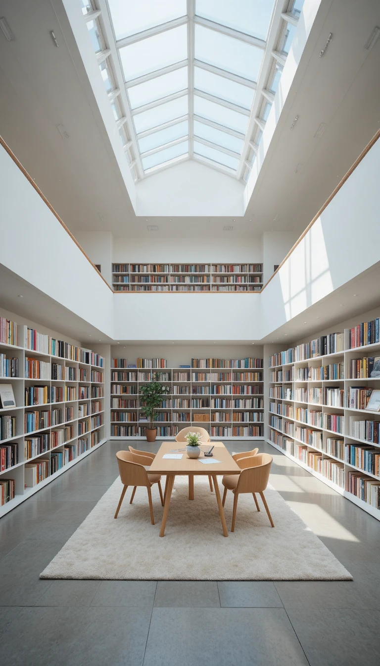 Interior de biblioteca minimalista com claraboias e área de leitura