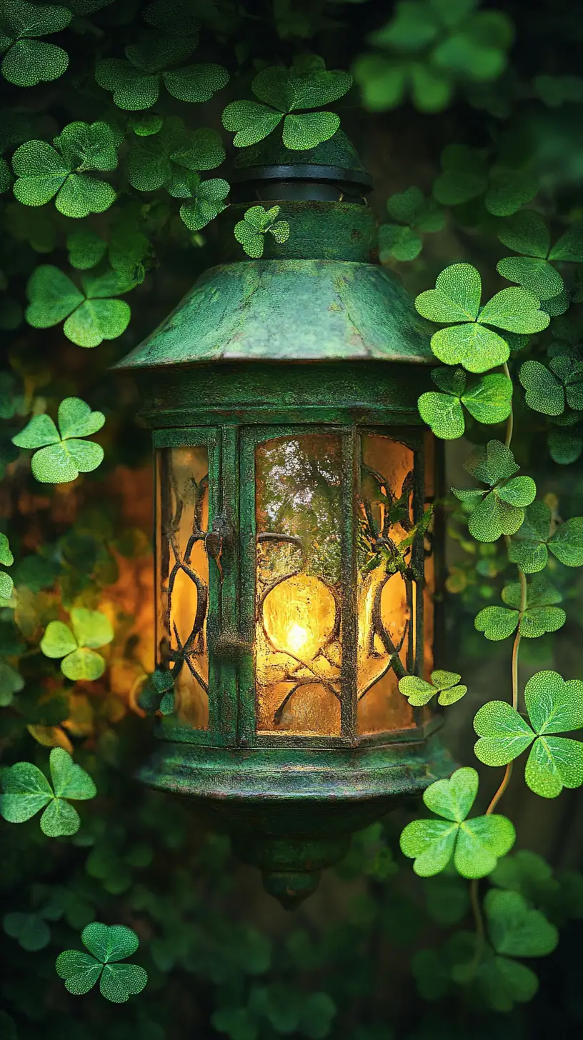 Green lantern close up surrounded by lush natural clovers