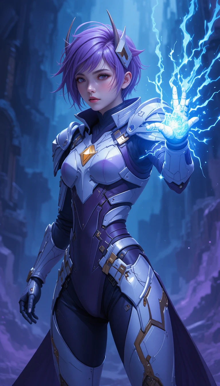 Armored sci fi heroine casting blue energy forward
