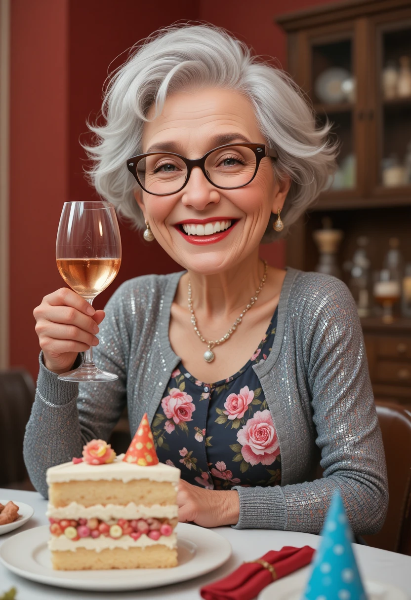 Mujer mayor sonriente con rosé en una acogedora mesa de cumpleaños