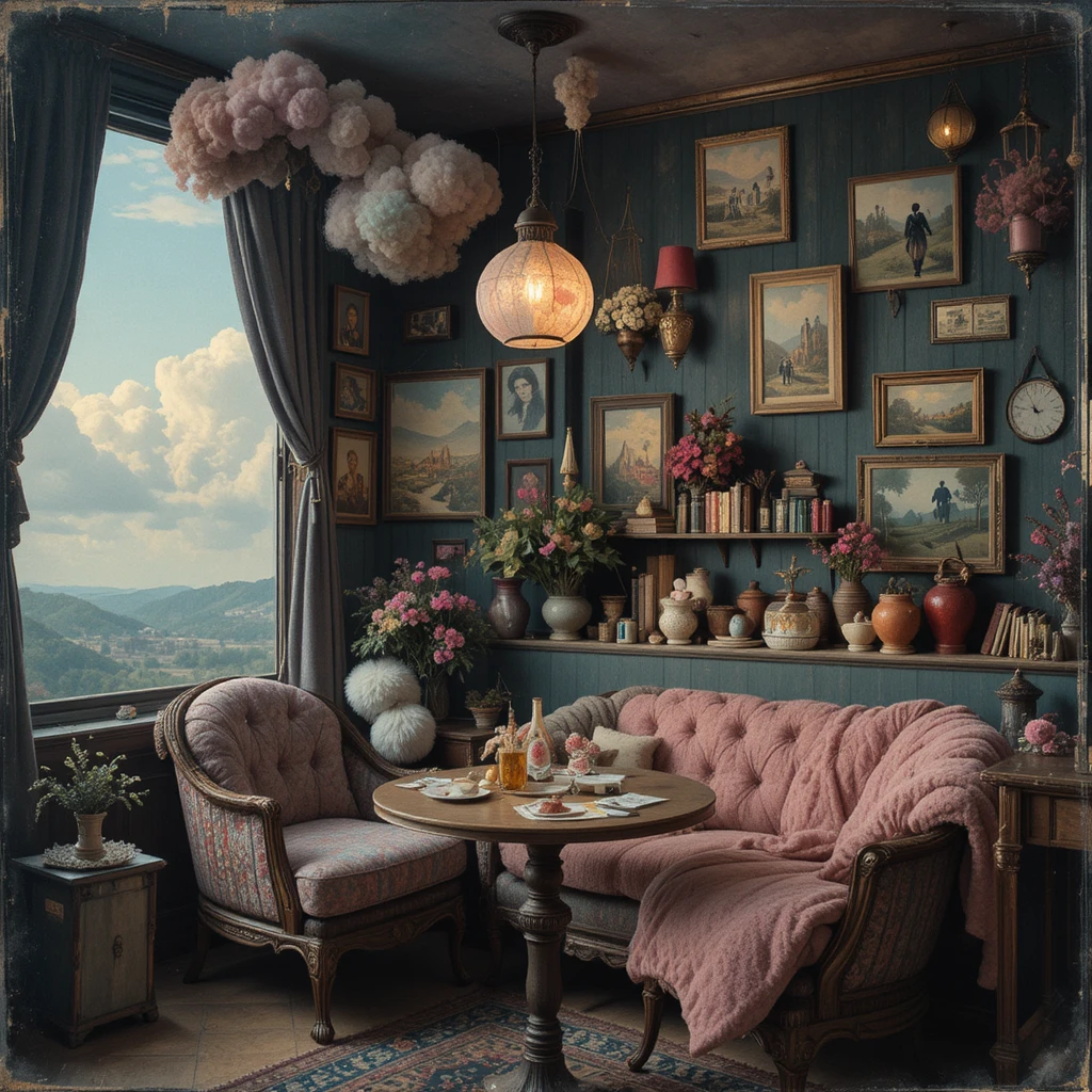 Surreal cafe diorama in soft light with playful mood