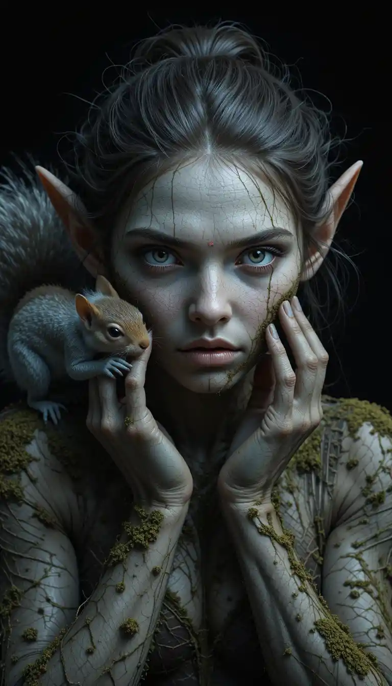 Forest troll woman portrait with squirrel companion