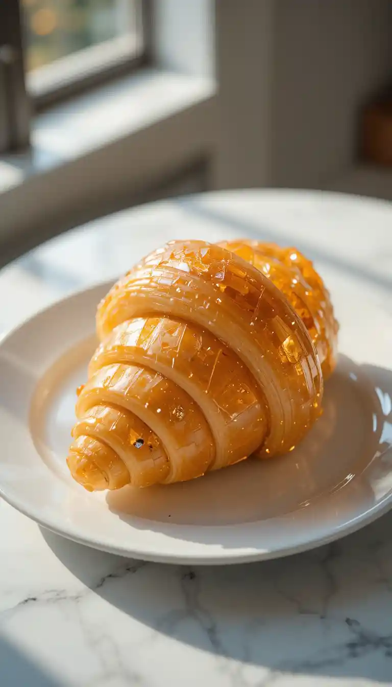 Croissant en pierre précieuse sur assiette blanche dans une douce lumière du matin