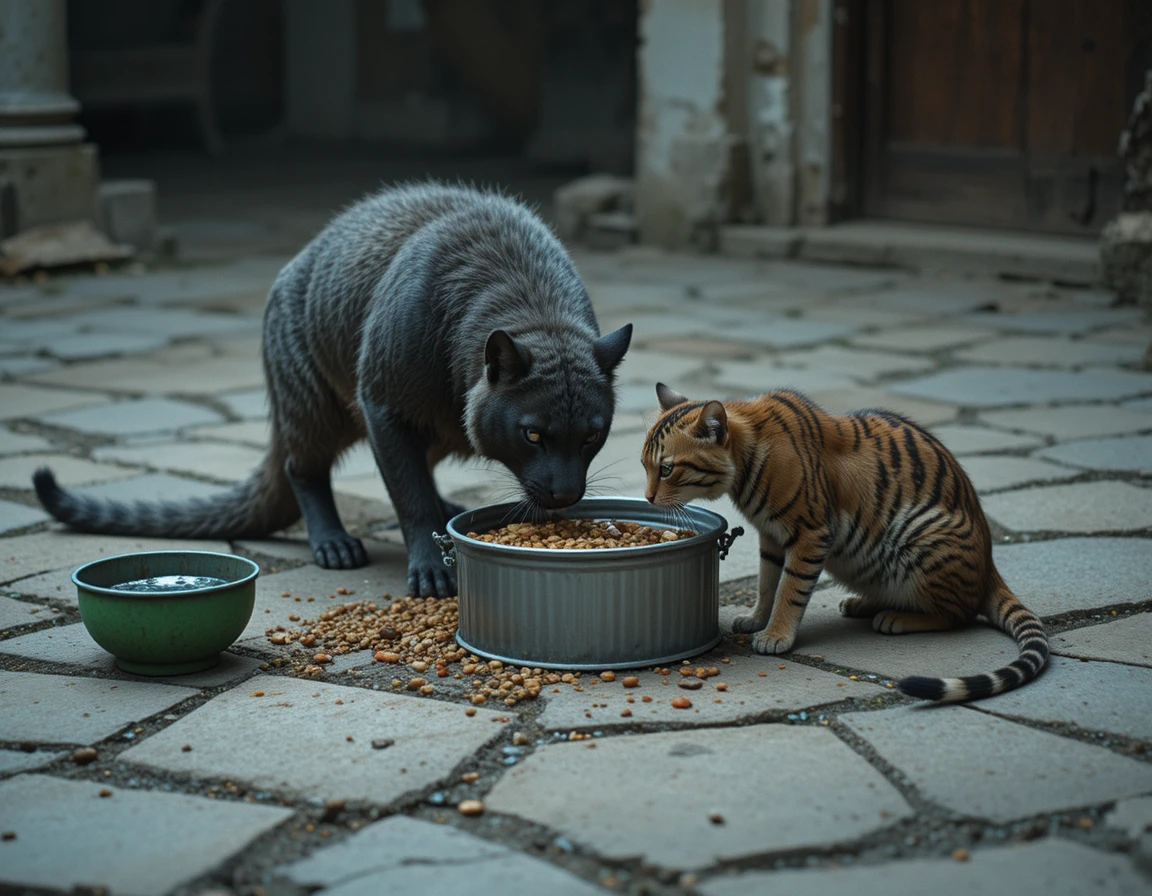 Igel und getigerte Katze teilen sich Futter auf rauem Zementboden