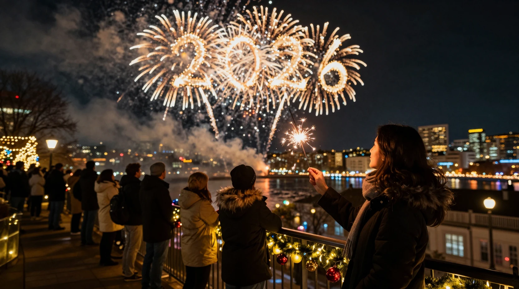 Festliche Menschenmenge auf Stadtbalkon beobachtet Weihnachtsfeuerwerk