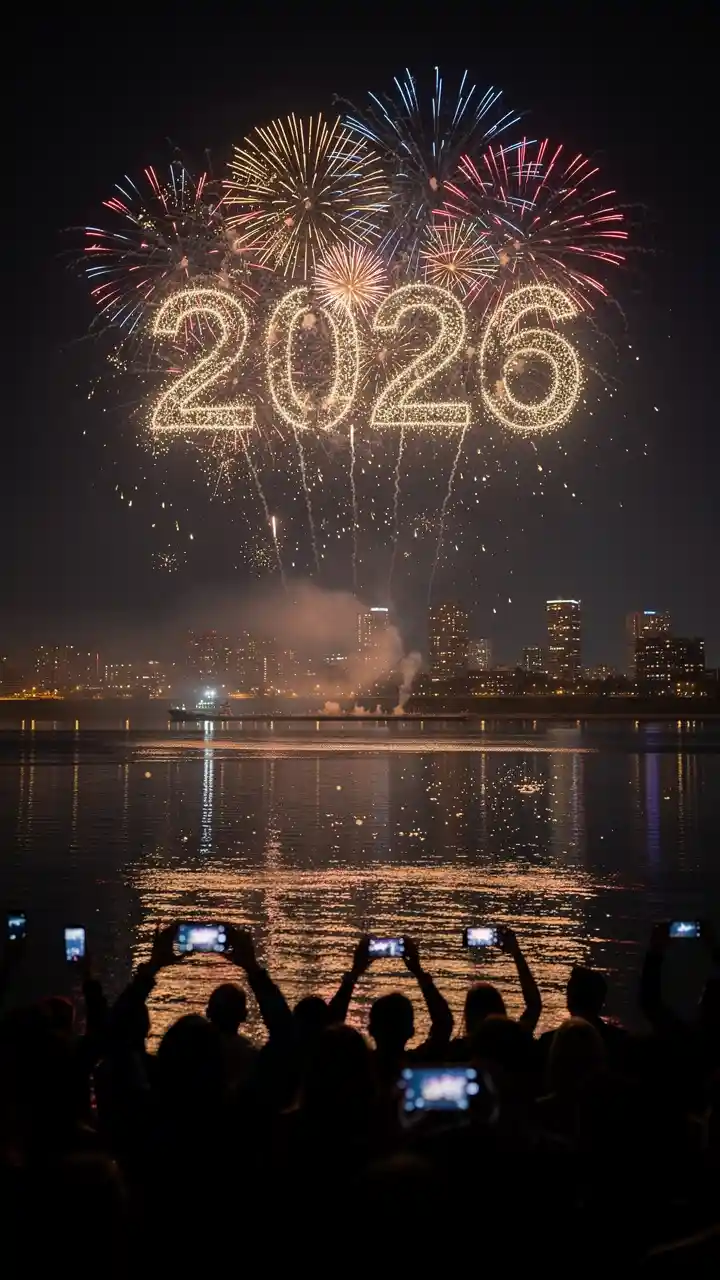 Fogos de artifício formando 2026 sobre um rio e o horizonte da cidade