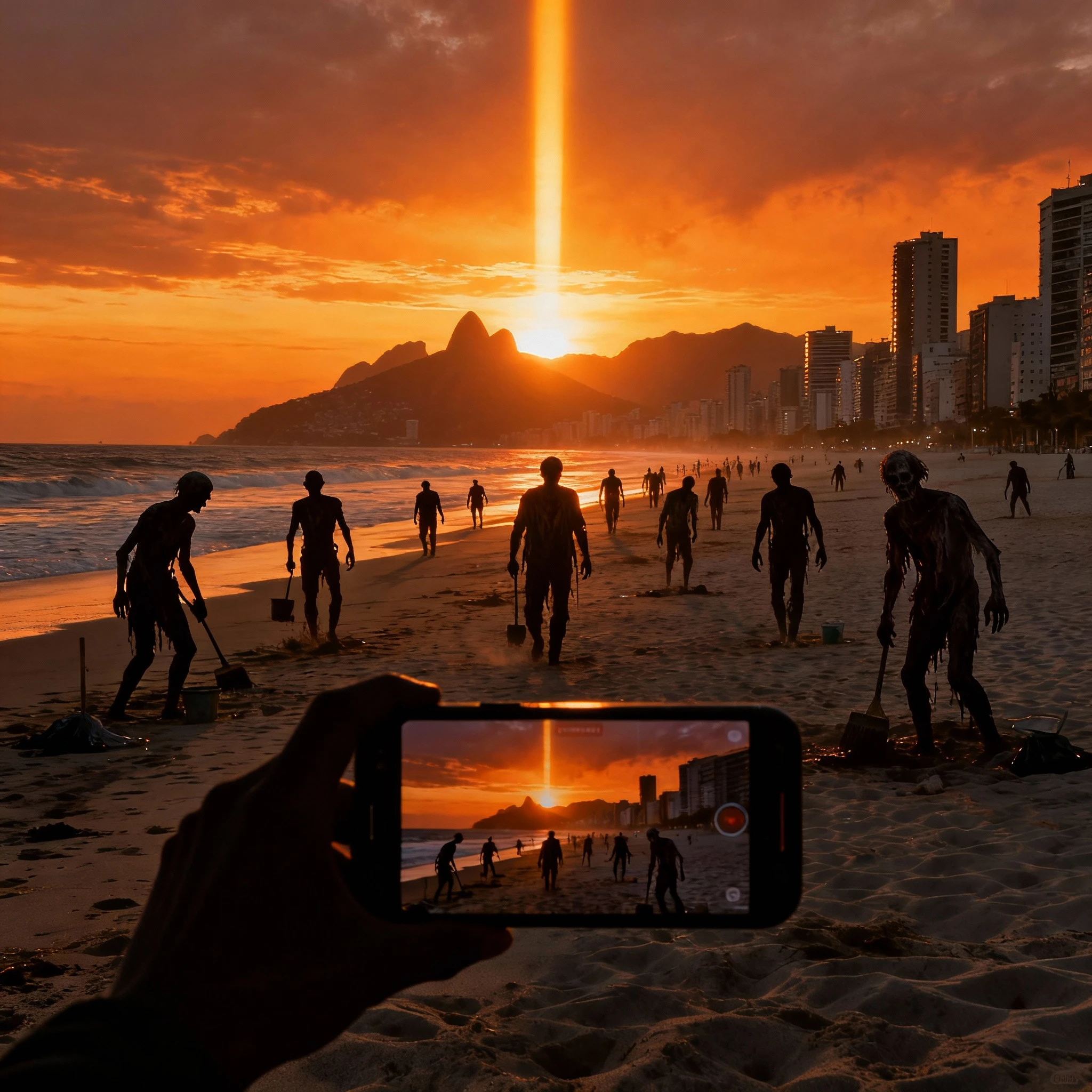 First Person View Of Zombies Approaching On Urban Beach At Sunset