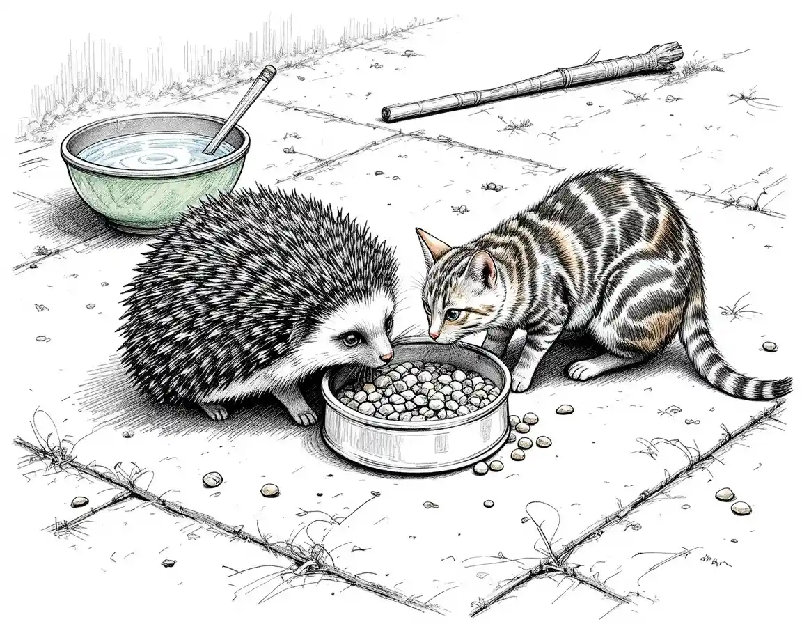 Igel und Katze teilen sich Futter auf rauem Zementboden