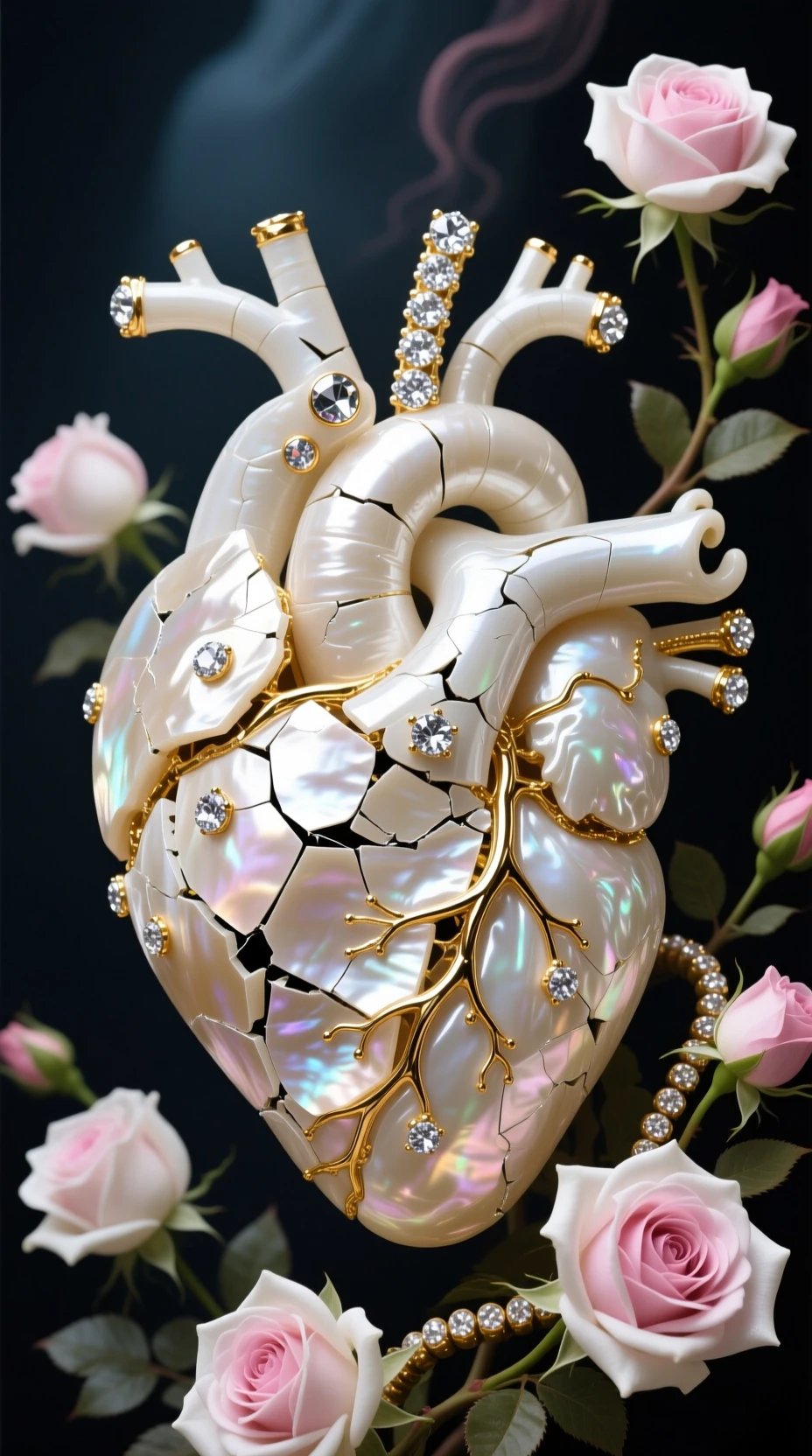 Realistic Mother Of Pearl Heart Adorned With Diamonds
