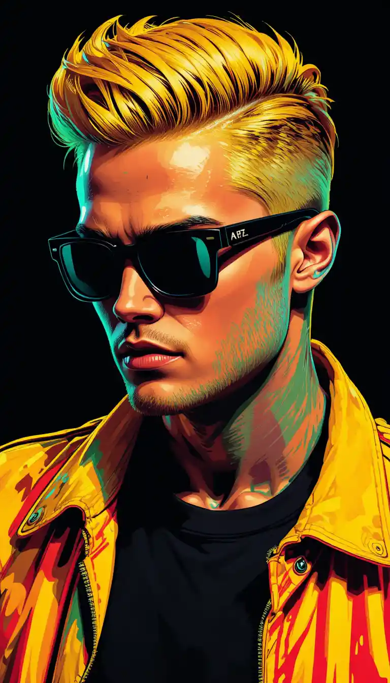 Hombre rubio confiado en estilo pop art con gafas de sol oscuras