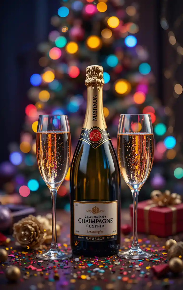 Natureza‑morta de champanhe com taças e luzes de árvore de Natal