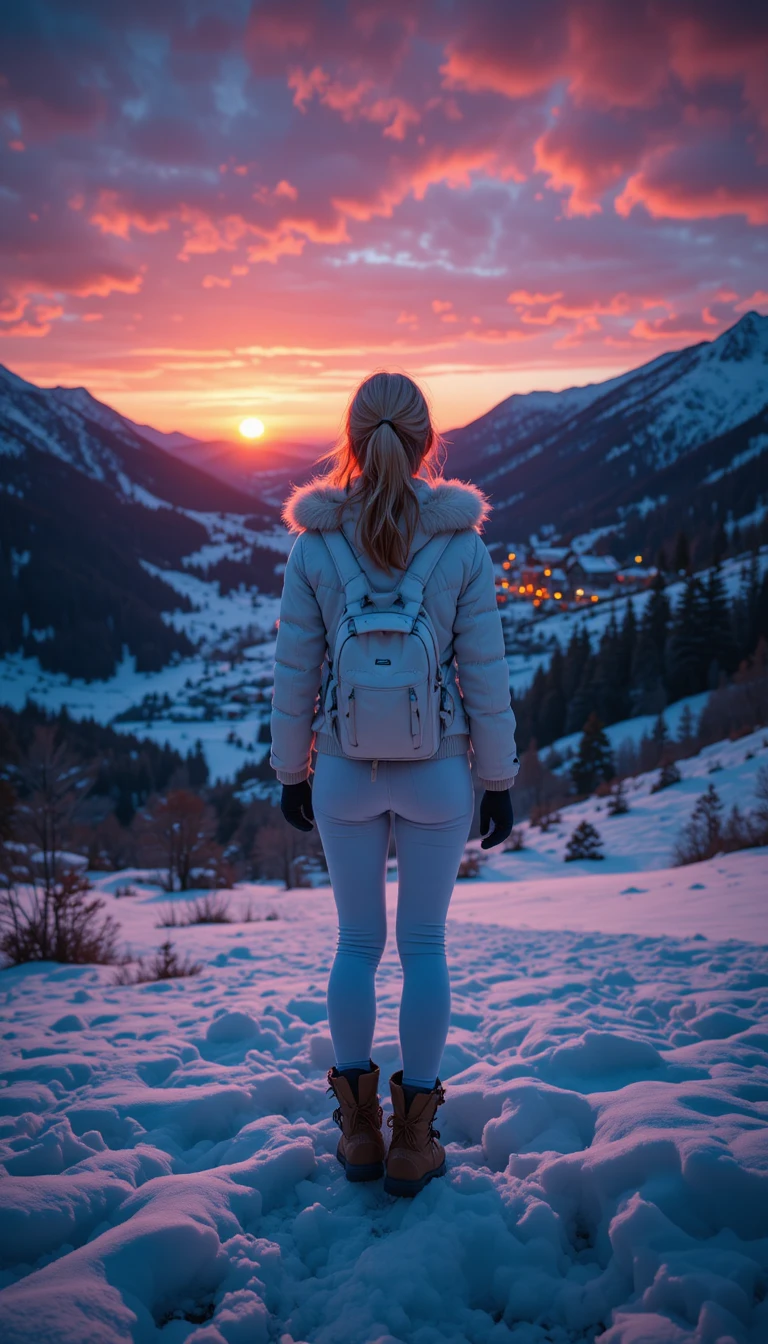 Randonneuse dans une vallée enneigée au coucher du soleil vue de dessus