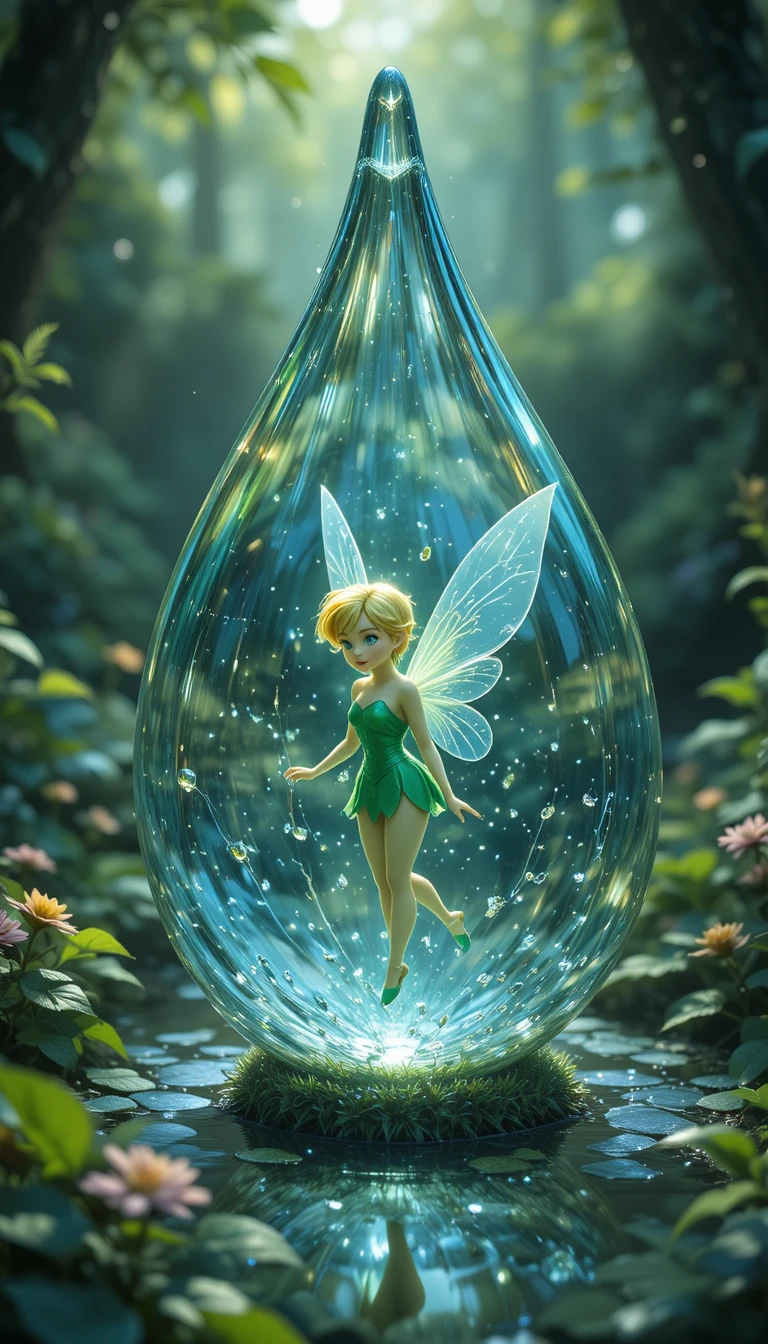 Fairy girl trapped inside a crystal clear dew drop