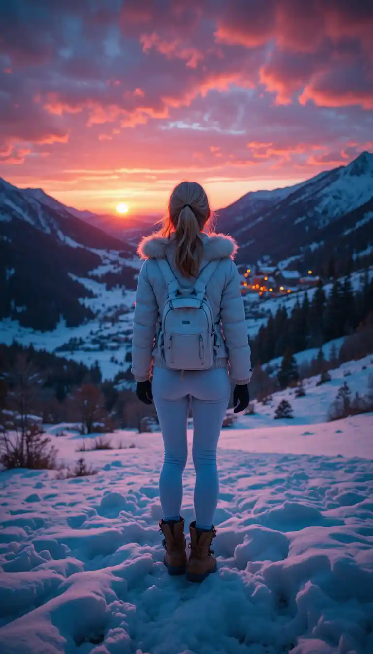 Randonneuse dans une vallée enneigée au coucher du soleil vue de dessus