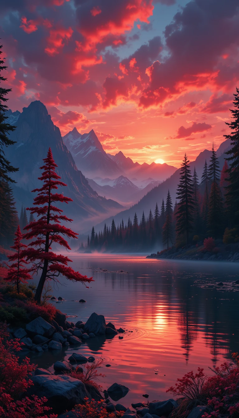 Lebendiger Sonnenuntergangshimmel, der sich in einem ruhigen Bergsee spiegelt