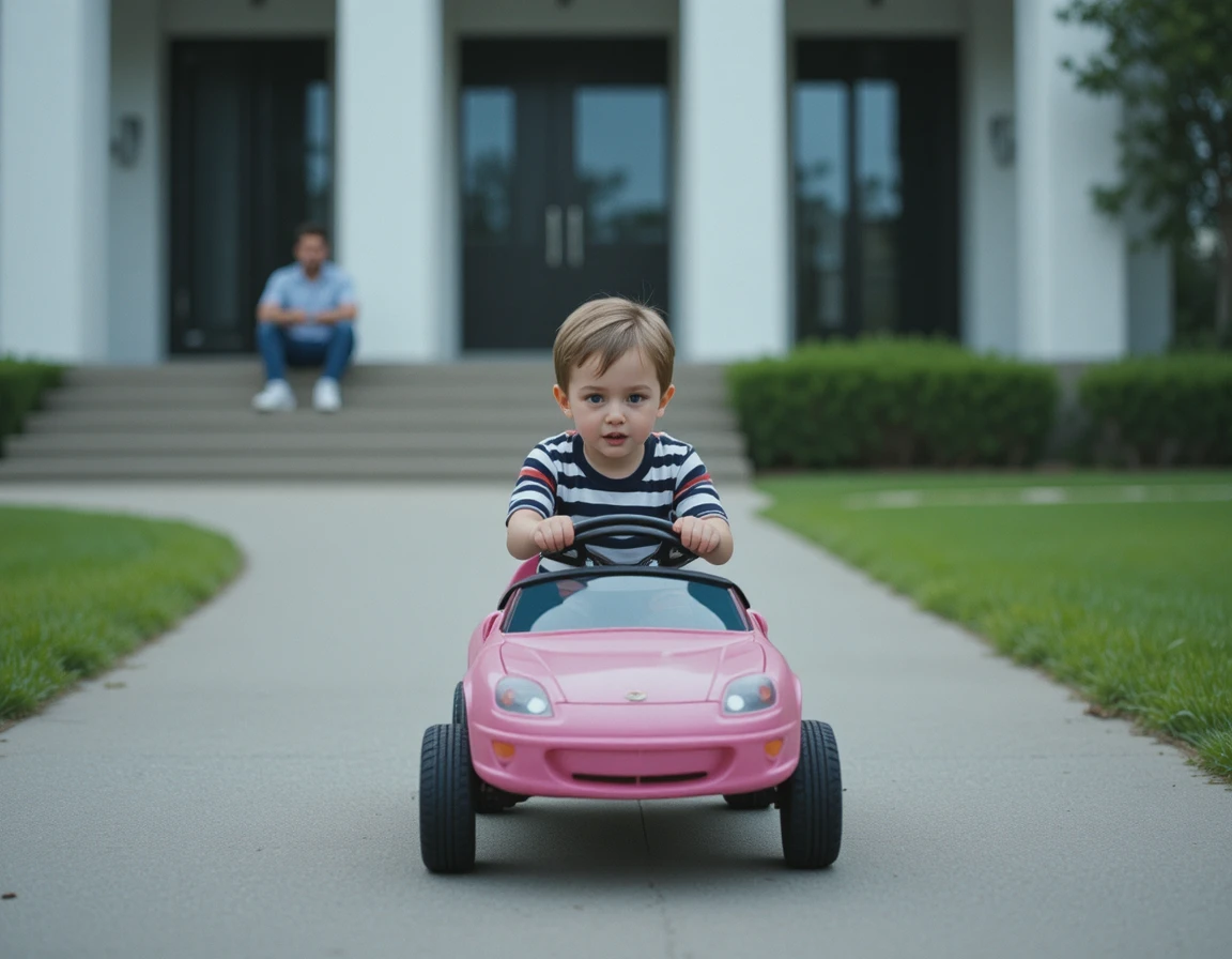 Happy child driving a pink toy car along a path