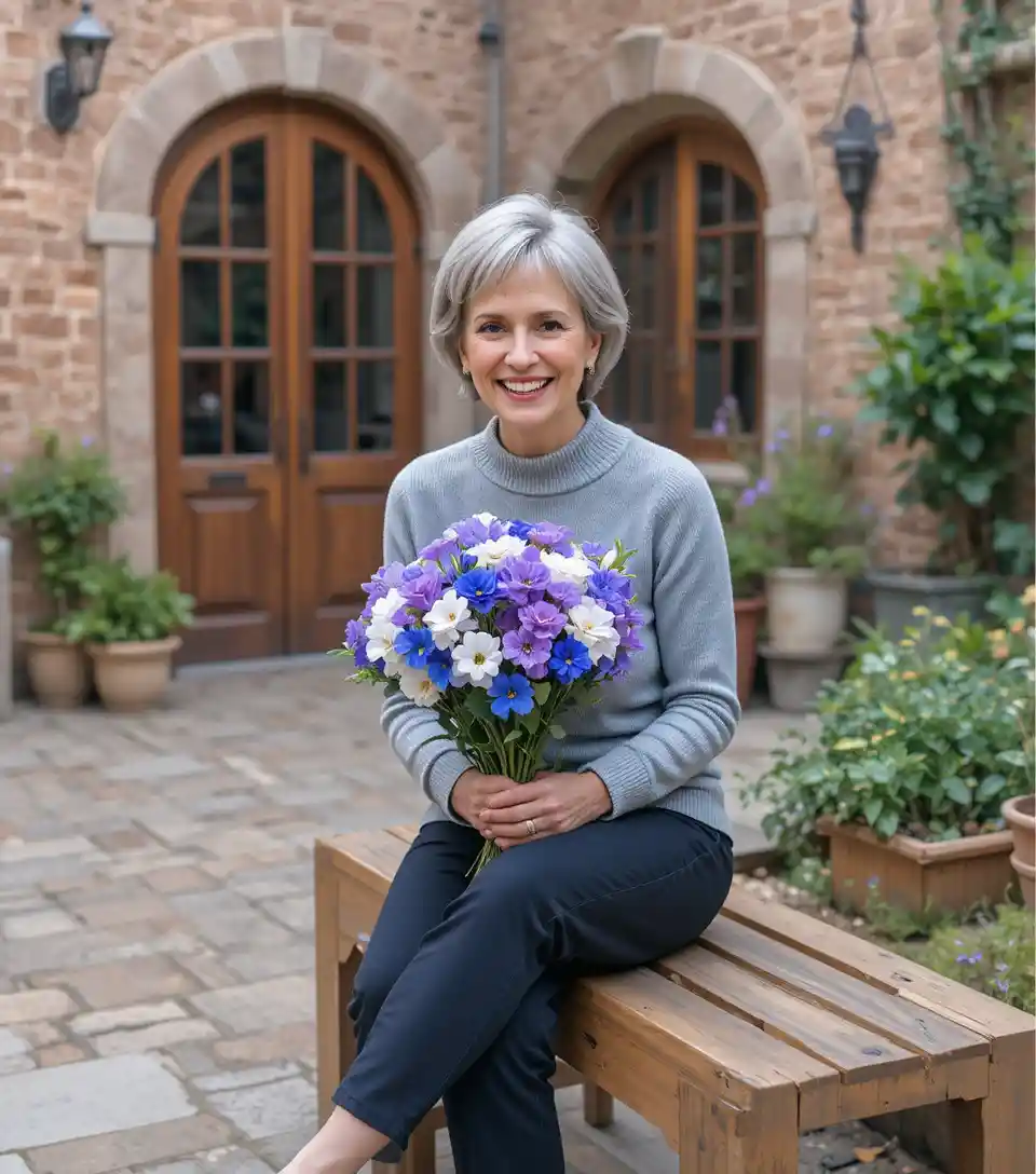 Smiling elderly woman with hydrangeas on an outdoor patio bench