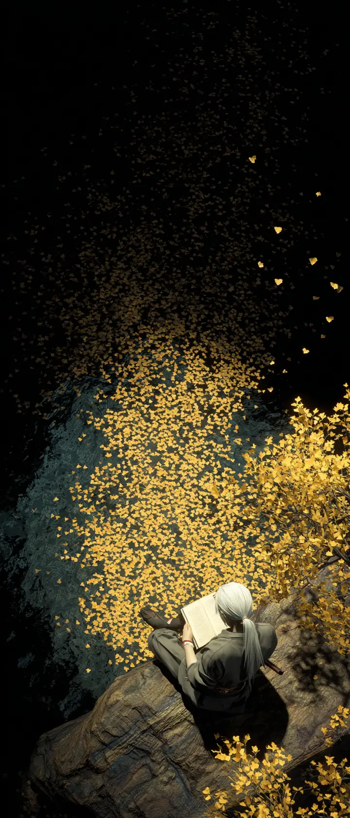 Woman reading under golden tree in dark cave