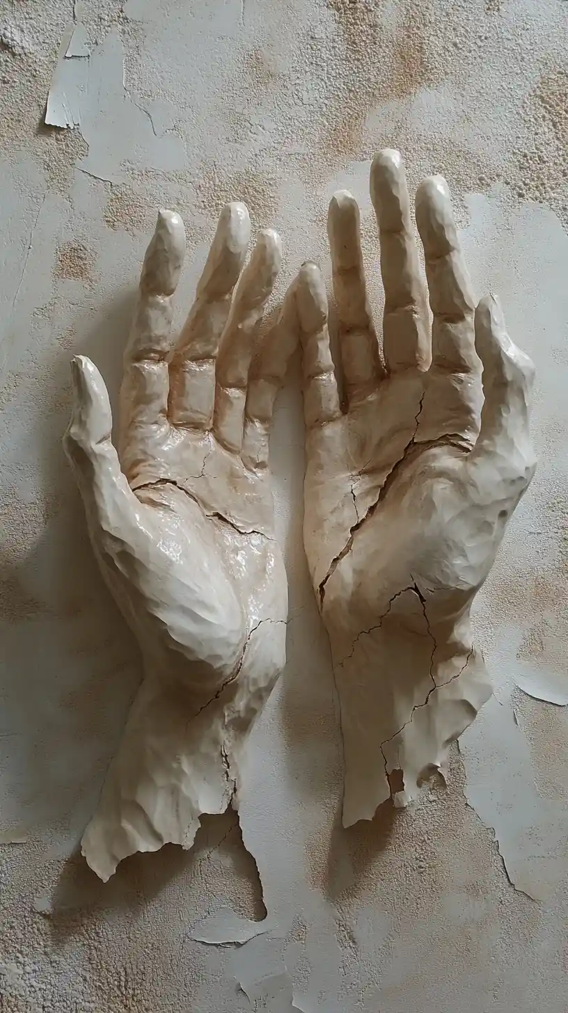 Two sculpted hands in relief reaching toward each other