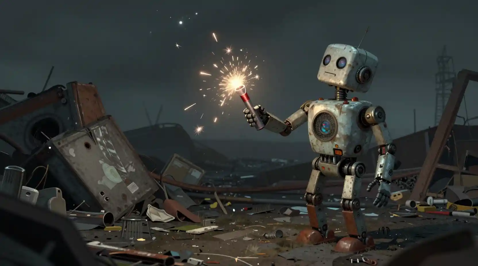 Lonely Robot Ignites New Year Noisemaker In Ruined Junkyard