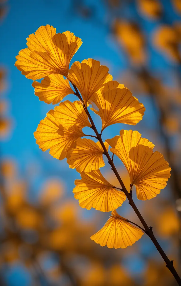 Golden ginkgo branch glowing against deep blue evening sky