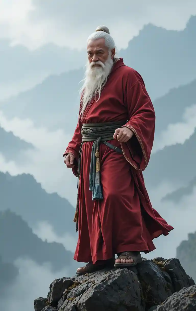 Joyful kung fu master on a misty mountain peak