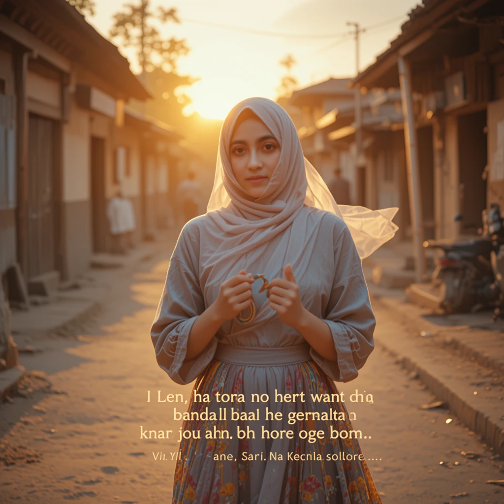 Young person walking a village street at warm sunset