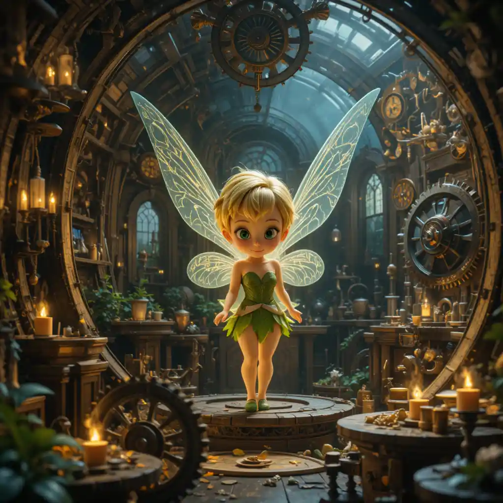 Fille fée dans un atelier fantastique d’horlogerie lumineux