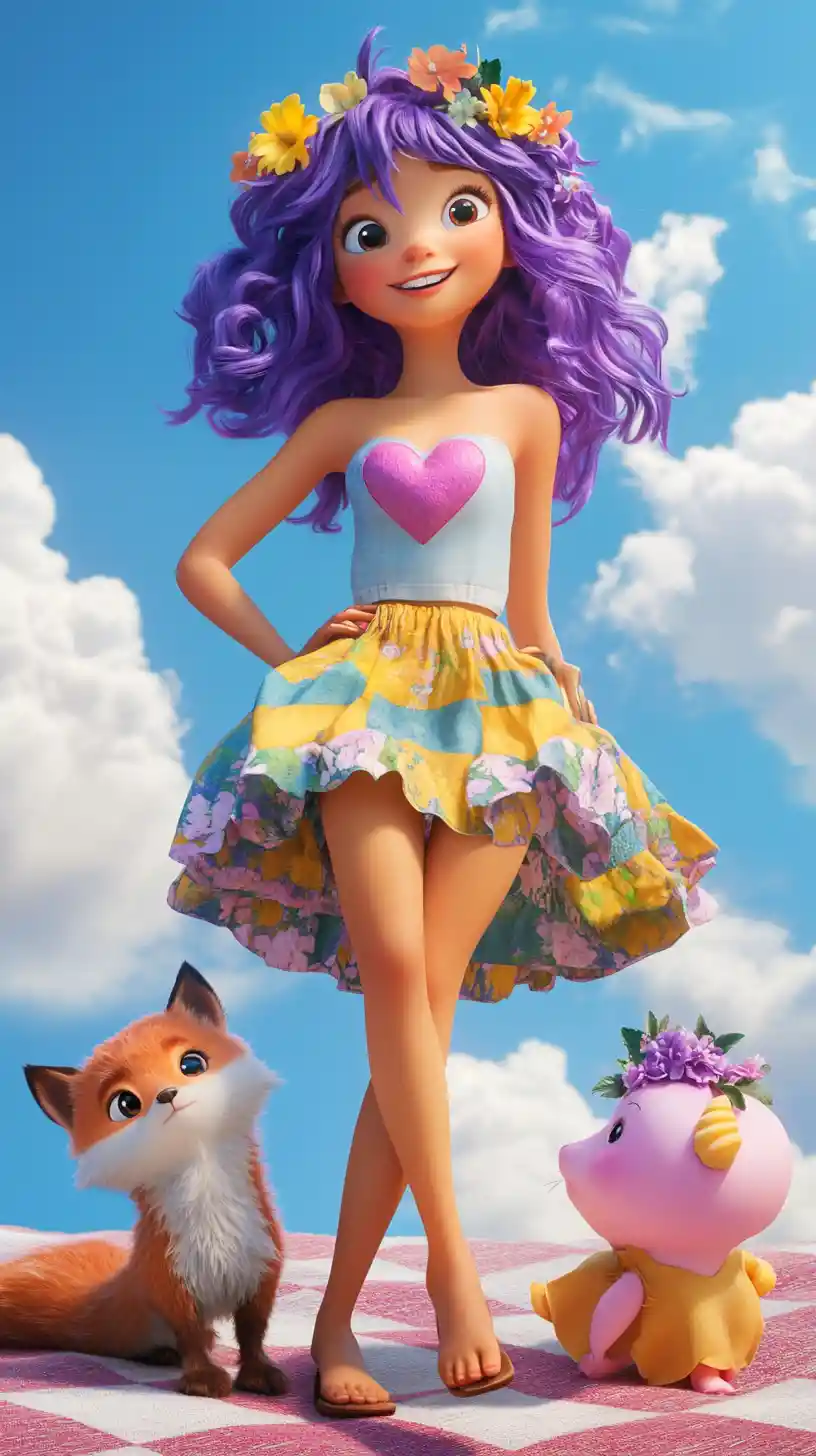 Anime-Mädchen mit lila Haar vor kariertem Hintergrund