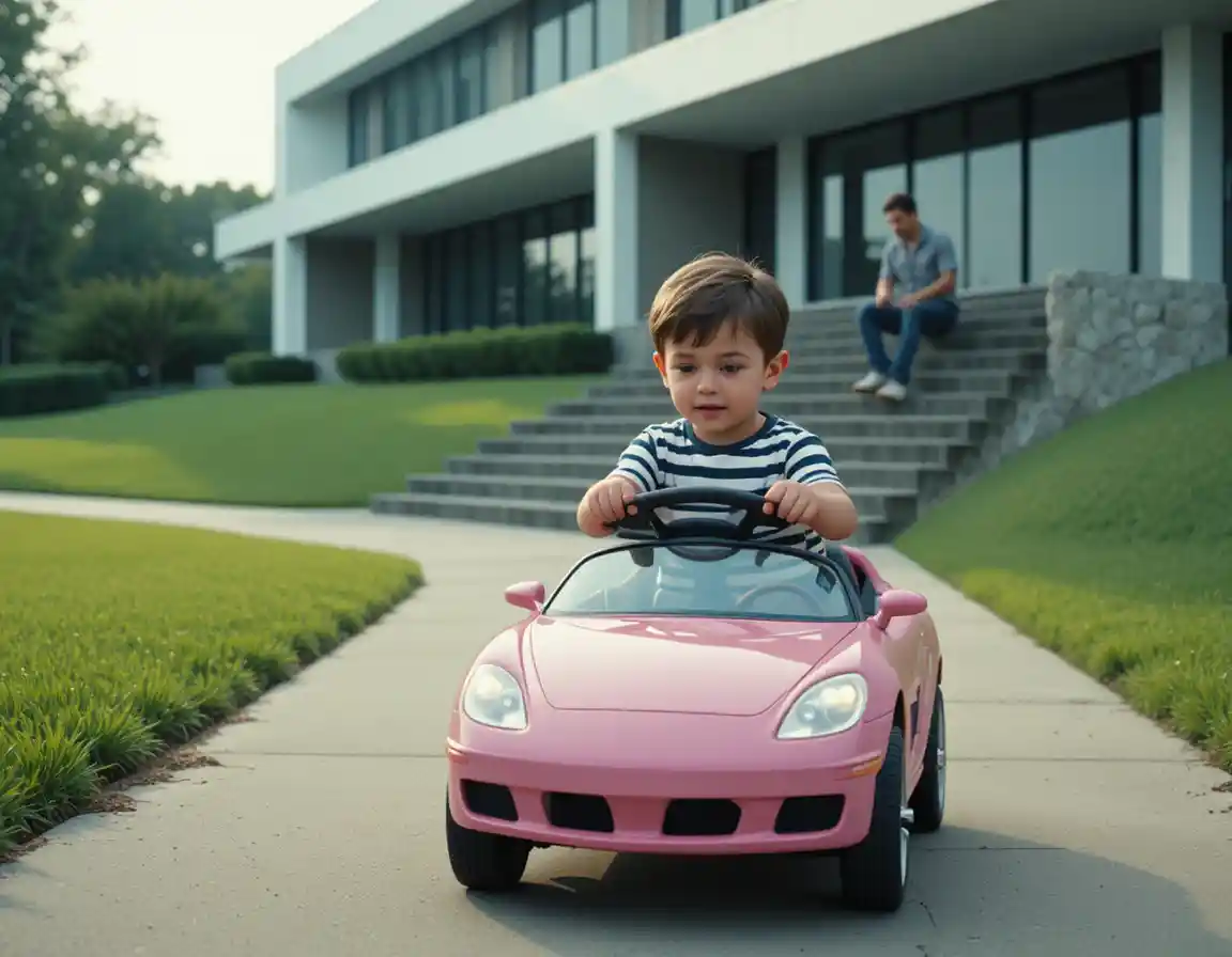 Niño conduciendo un coche de juguete rosa por un camino de concreto