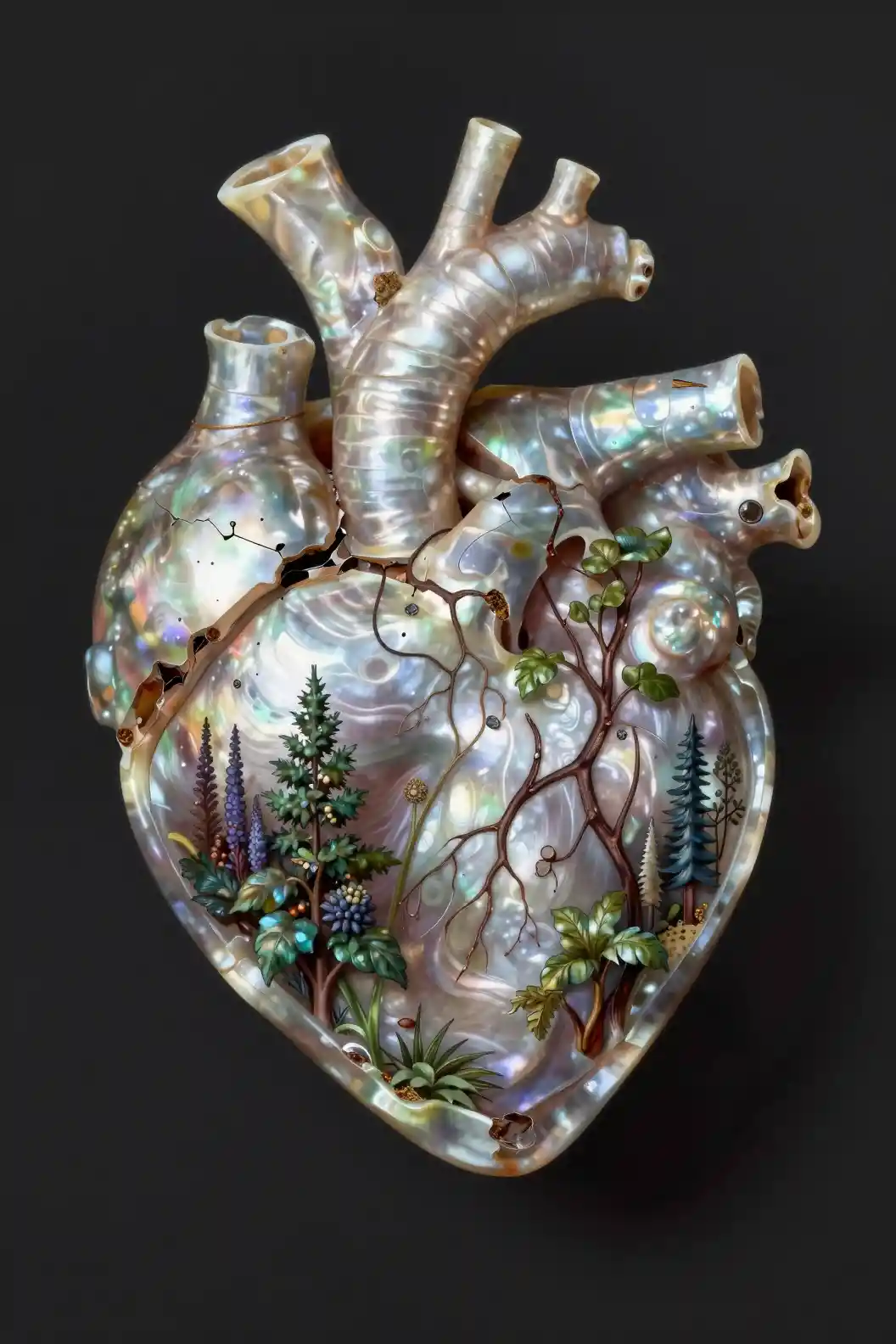 Cuore surreale in madreperla con un rigoglioso giardino interiore