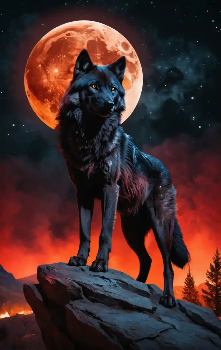 Black wolf under a blood moon on a rocky cliff