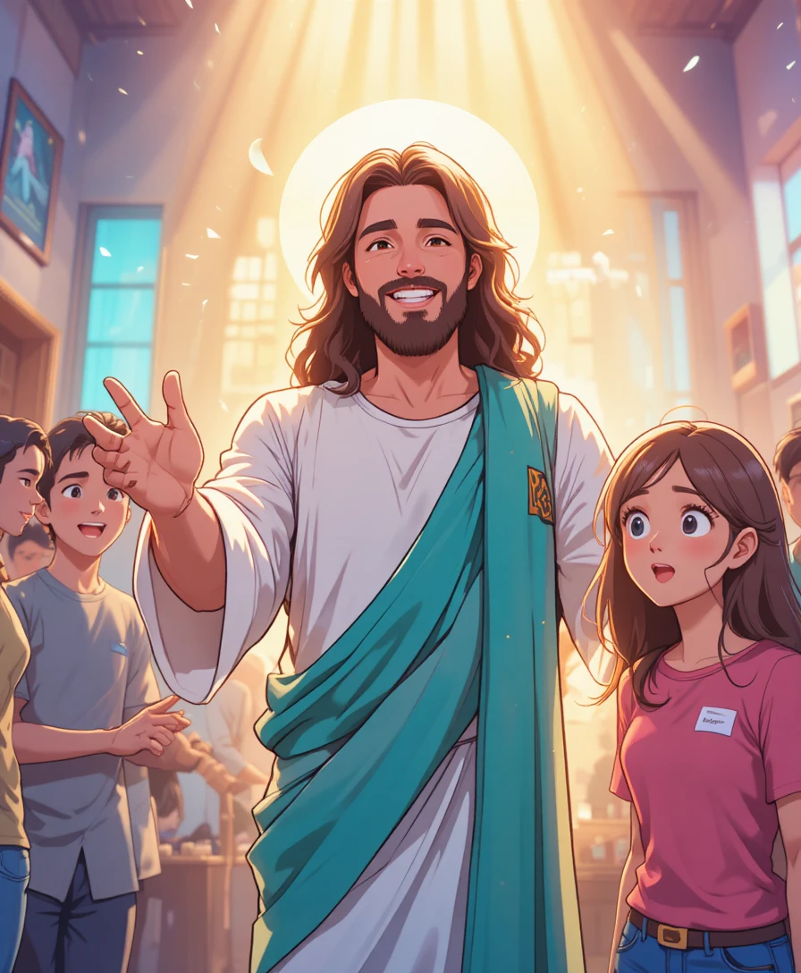 Jesús en estilo anime dando la bienvenida a adolescentes en un cálido grupo juvenil de iglesia