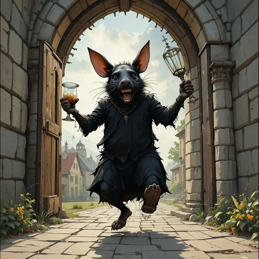 Black crow in robes walking through a church interior