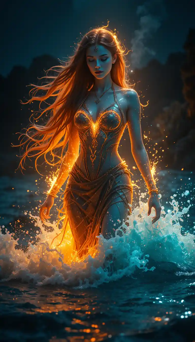 Elemental goddess of fire and water rising from dark sea
