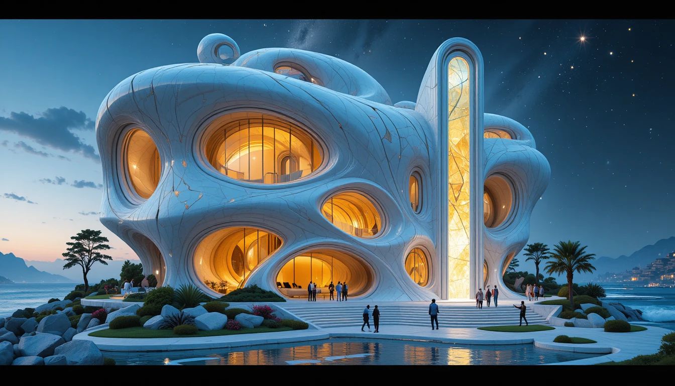 Casa futurista frente al mar con arquitectura cerámica luminosa