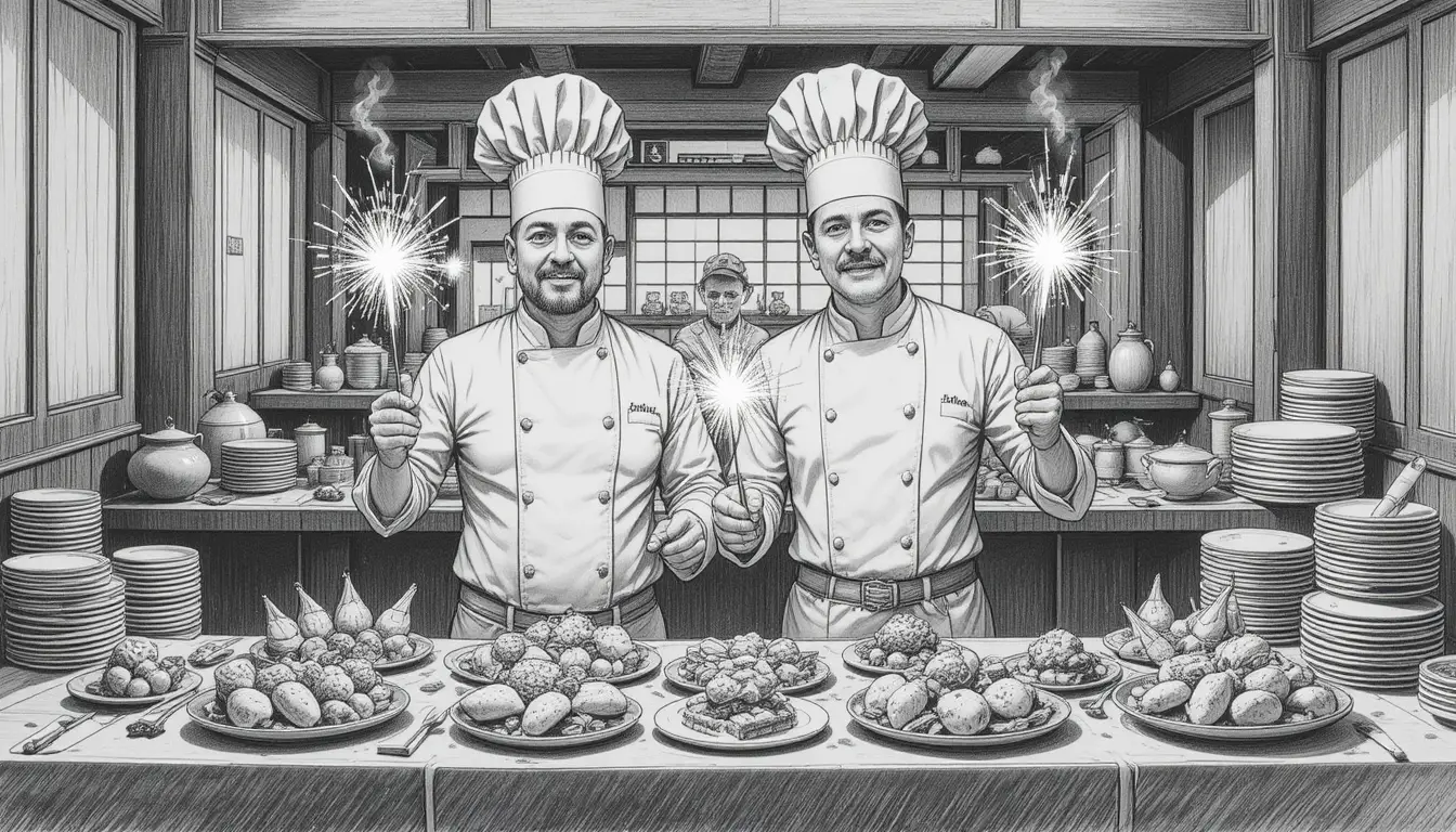 Chefs presenting sparkling appetizers in a modern restaurant kitchen
