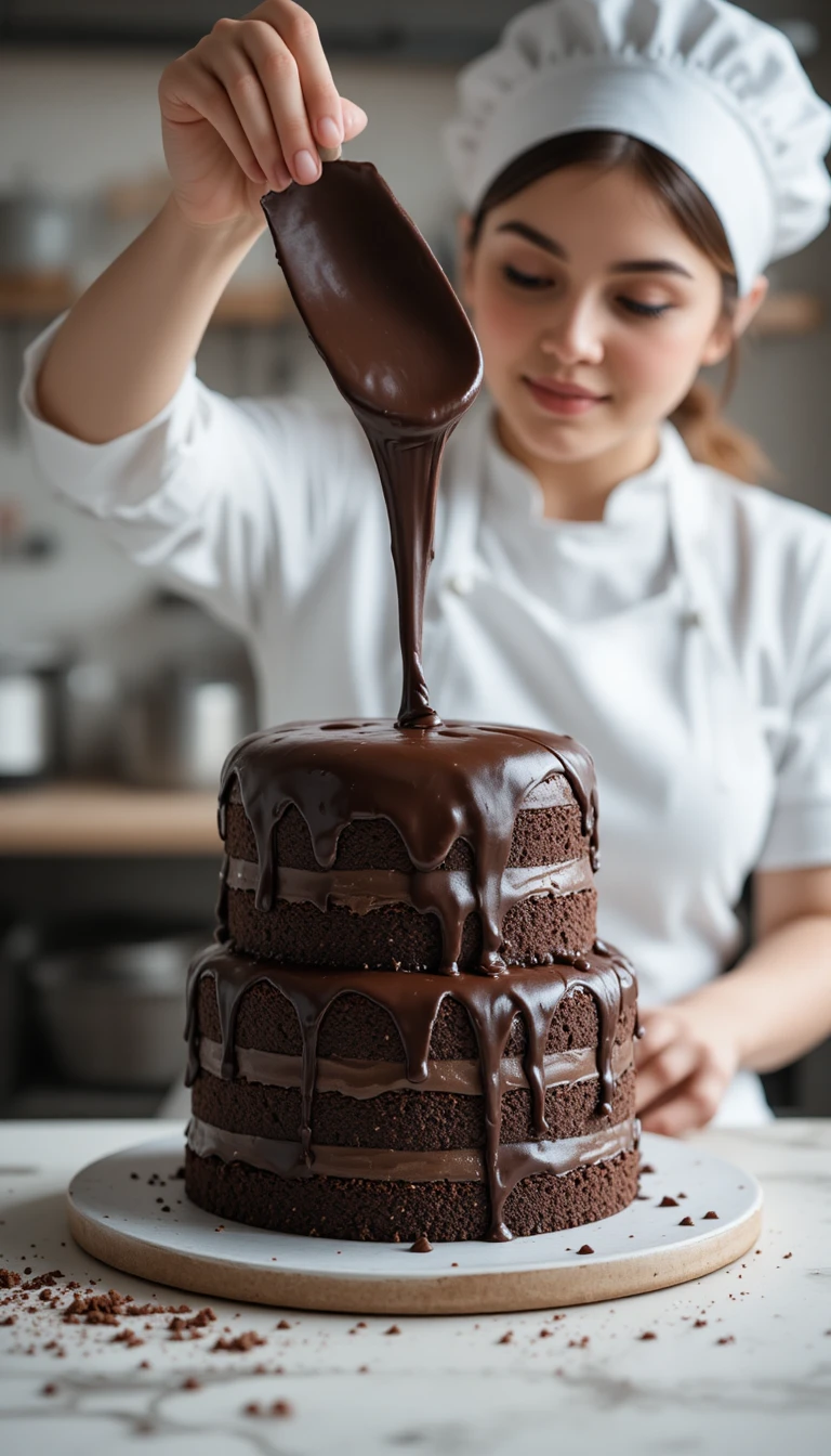 Primo piano della ganache al cioccolato versata su una torta a strati