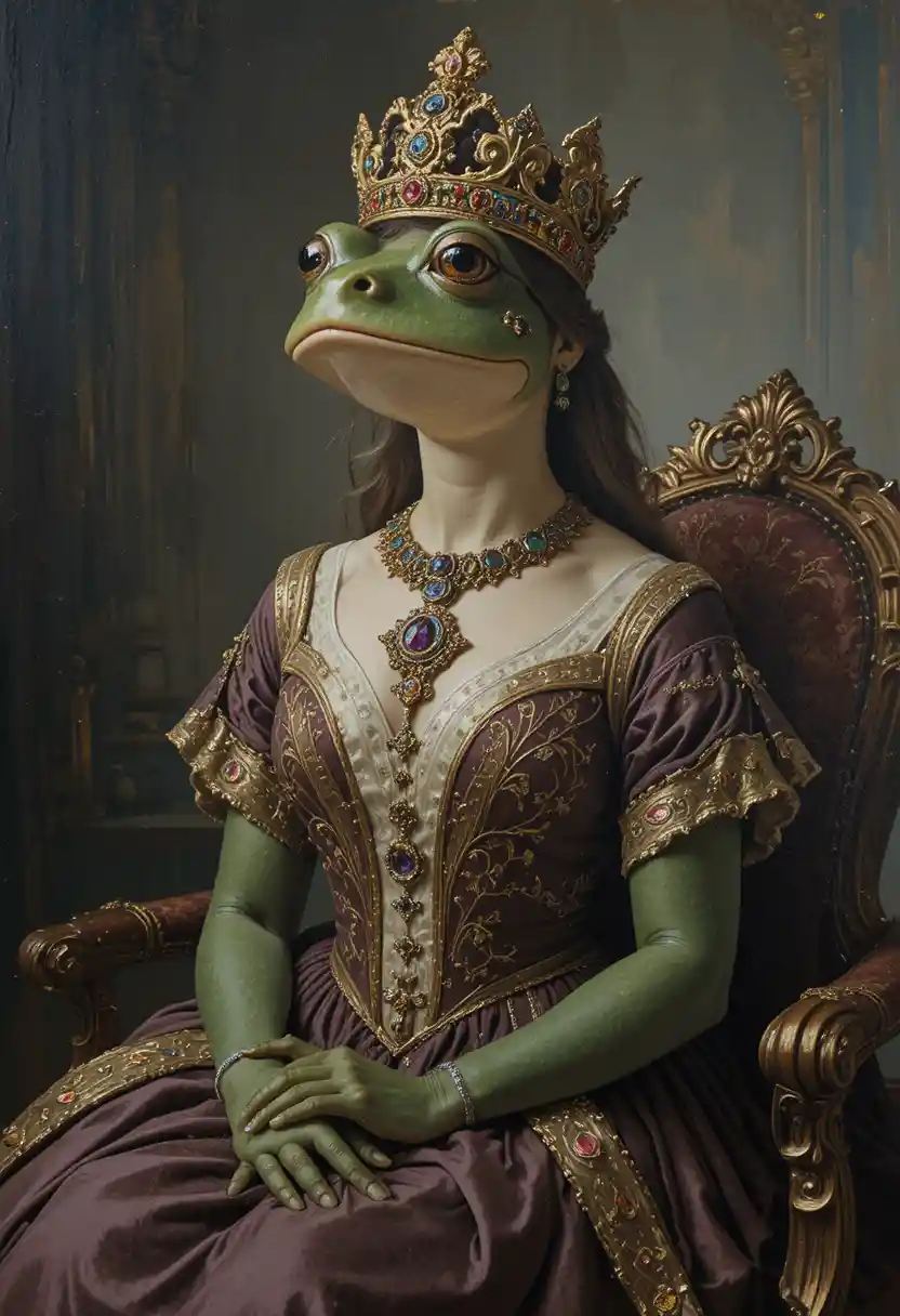 Regal oil painting portrait of a crowned frog princess