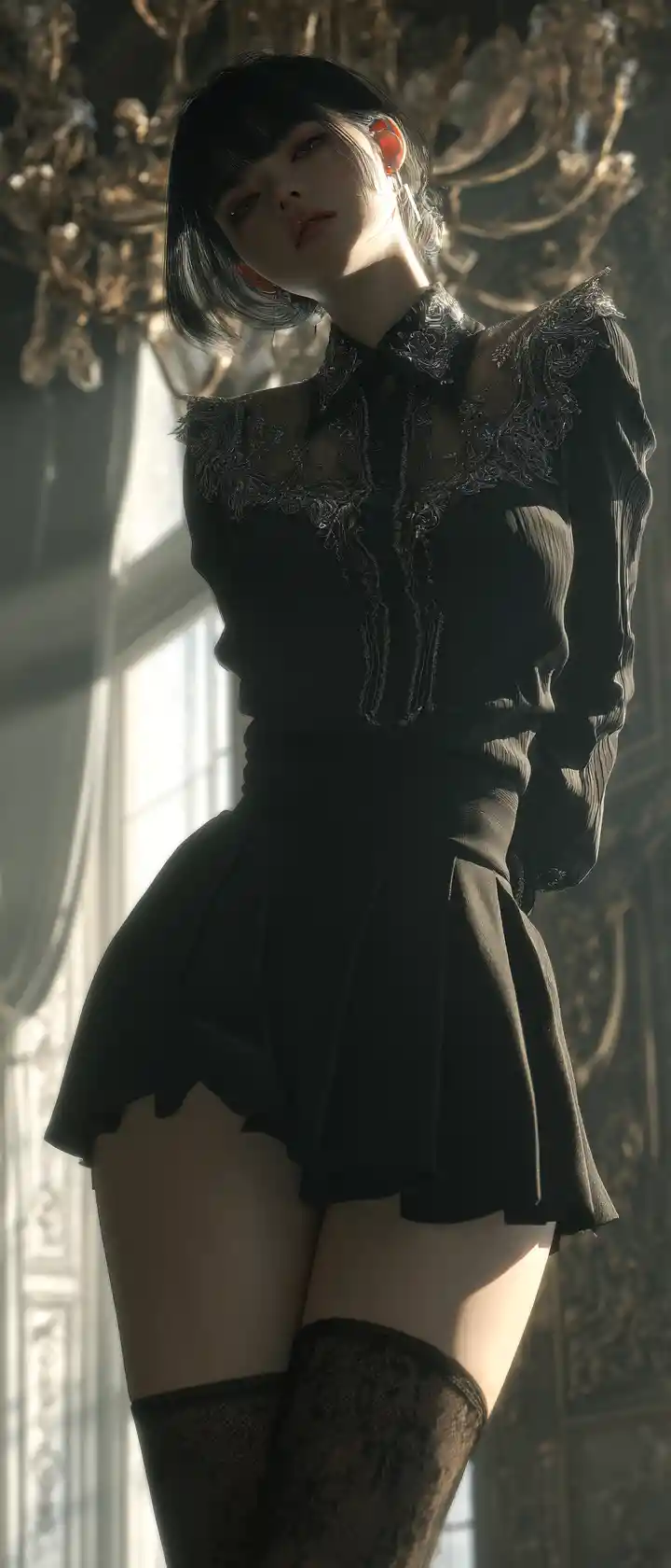 3D anime woman portrait with baroque gothic elegance