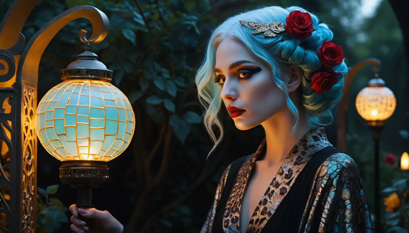 Ethereal woman in black dress with roses in lantern lit garden