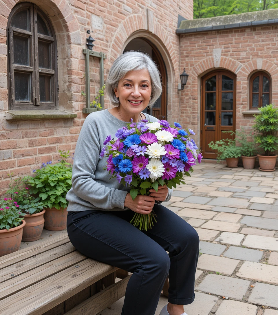 Smiling elderly woman with hydrangea bouquet on patio bench