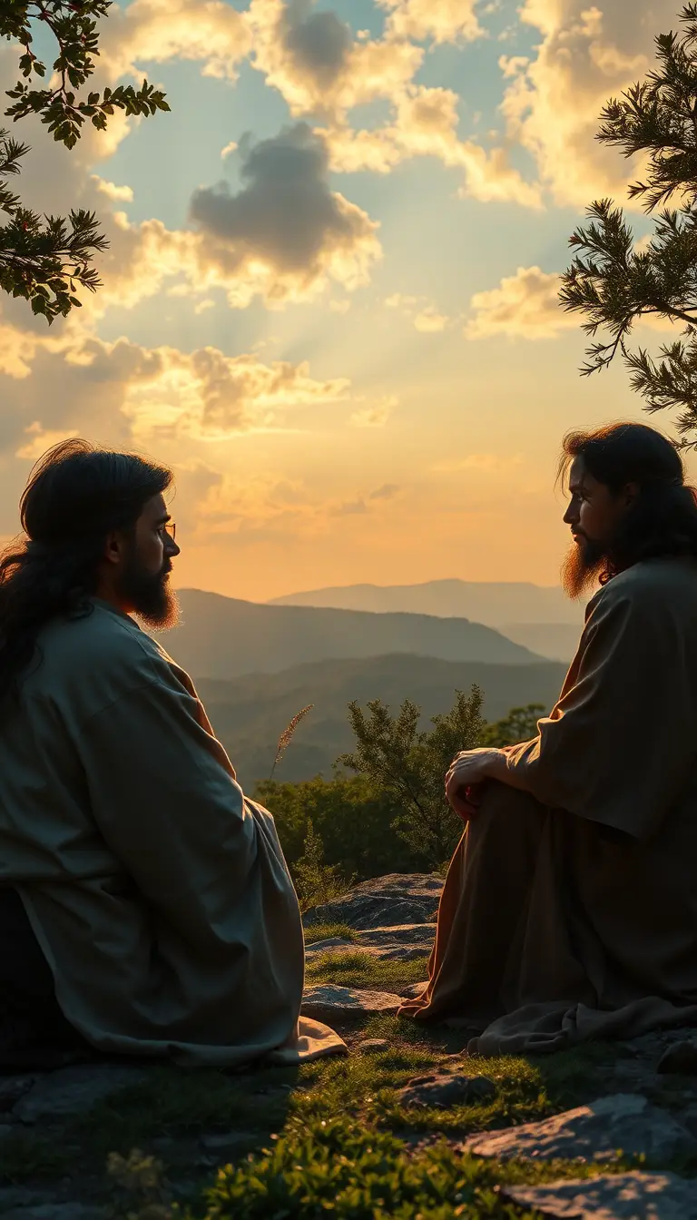 Hyperrealistic Jesus preaching on a sunlit mountain hillside