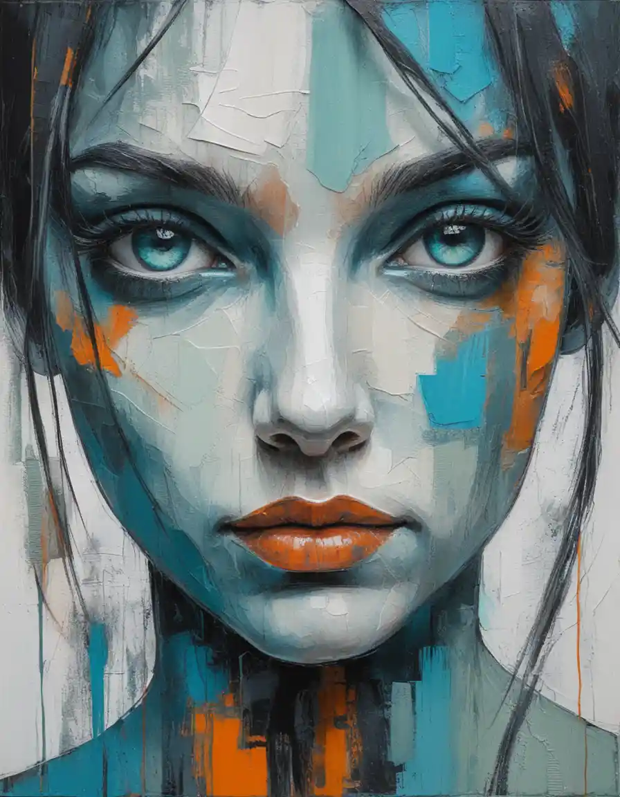 Expressive impasto portrait of a young woman with blue eyes